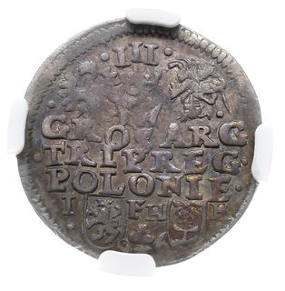 trojak 1596, Poznań, Iger P.96.7.a (R5), na rewersie Pogoń obrócona o 90 stopni w górę oraz napis POLONIE, moneta w pudełku firmy NGC z oceną AU 55, duża rzadkość, patyna