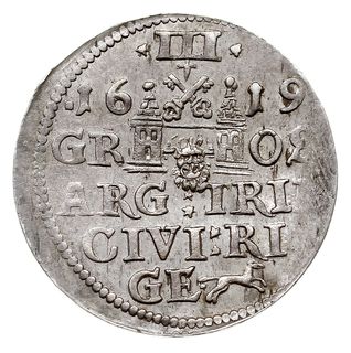 trojak 1619, Ryga, duża głowa króla, Iger R.19.3.b (R3), Gerbaszewski 2.15, bardzo ładny i rzadki