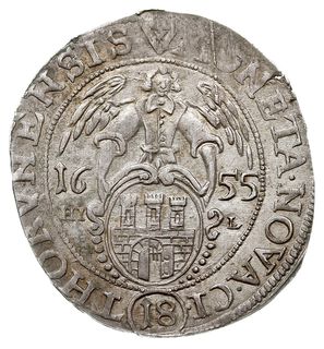 ort 1655, Toruń, odmiana z literami HI - L (inicjałami Hansa Jakuba Lauera) po bokach herbu Torunia, moneta wybita charakterystycznie uszkodzonym stemplem, egzemplarz z aukcji WCN 24