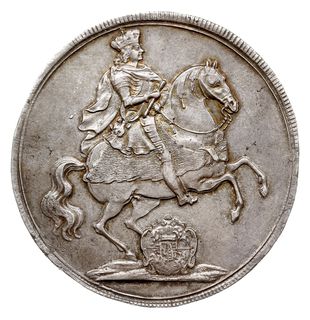 talar wikariacki 1711, Drezno, Aw: Król na koniu, Rw: Trzy stoły z insygniami koronacyjnymi, srebro 29.10 g, Kahnt 283, Schnee 1011, Dav. 2655, patyna, bardzo ładny