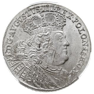 ort 1755, Lipsk, Kahnt 688 var. d -masywne popiersie w szerokiej koronie, moneta w pudełku firmy PCGS z oceną MS 62, bardzo ładnie zachowany