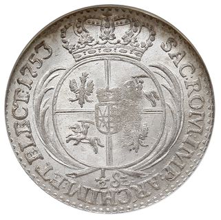 1/2 szóstaka (trojak) 1753, Lipsk, Iger Li.53.1.c (R2), Kahnt 694 var. a -małe popiersie króla, moneta w pudełku firmy NGC z oceną MS 65, wyśmienity stan zachowania