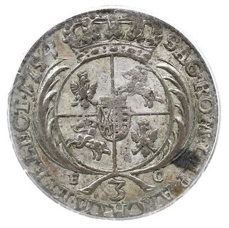 trojak 1754, Lipsk, Iger Li.54.1.a (R1), Kahnt 695 var. g -bardzo szerokie popiersie króla, moneta w pudełku firmy PCGS z oceną AU 50