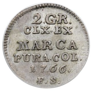2 grosze srebrne (półzłotek) 1766, Warszawa, odmiana mniejsza tarcza herbowa, Plage 243, moneta w pudełku firmy PCGS z oceną MS 62, ładne, patyna