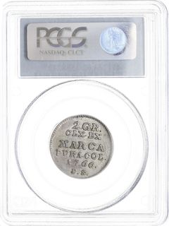 2 grosze srebrne (półzłotek) 1766, Warszawa, odmiana mniejsza tarcza herbowa, Plage 243, moneta w pudełku firmy PCGS z oceną MS 62, ładne, patyna