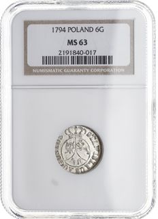 6 groszy 1794, Warszawa, Plage 207, moneta w pudełku firmy NGC z oceną MS 63, piękne
