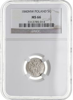 5 groszy 1840, Warszawa, Plage 140, Bitkin 1192, moneta w pudełku firmy NGC z oceną MS 66, wyśmienite