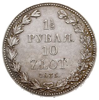 1 1/2 rubla = 10 złotych 1835, Warszawa, Plage 320, Bitkin 1131 (R), bardzo ładne i rzadkie, patyna