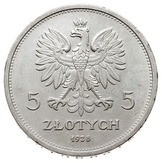 5 złotych 1928, Warszawa, Nike, odmiennie usytuowany znak mennicy, Parchimowicz 114, ślady czyszczenia
