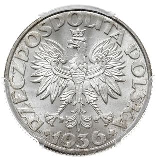 2 złote 1936, Warszawa, Żaglowiec, moneta w pudełku firmy PCGS z oceną MS 64, wyśmienite