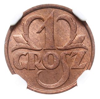 1 grosz 1928, Warszawa, Parchimowicz 101 d, moneta w pudełku firmy NGC z oceną MS 65 RB, piękny, patyna