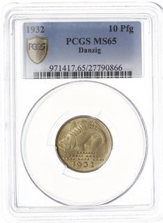 10 fenigów 1932, Berlin, Dorsz”, Parchimowicz 58, moneta w pudełku firmy PCGS z oceną MS 65, piękny egzemplarz