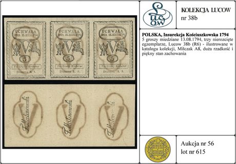 5 groszy miedziane 13.08.1794, trzy nierozcięte egzemplarze, Lucow 38b (R6) - ilustrowane w katalogu kolekcji, Miłczak A8, duża rzadkość i piękny stan zachowania