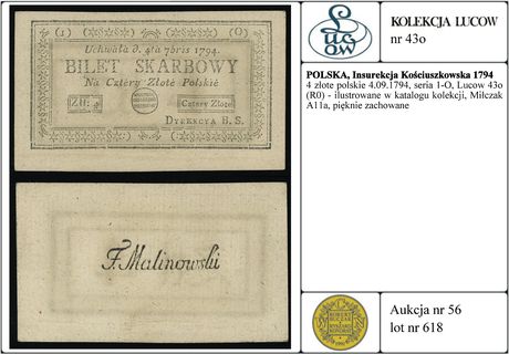 4 złote polskie 4.09.1794, seria 1-O, Lucow 43o (R0) - ilustrowane w katalogu kolekcji, Miłczak A11a, pięknie zachowane