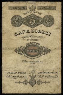 5 złotych 1.05.1830, podpisy Lubowidzki i B. Nie