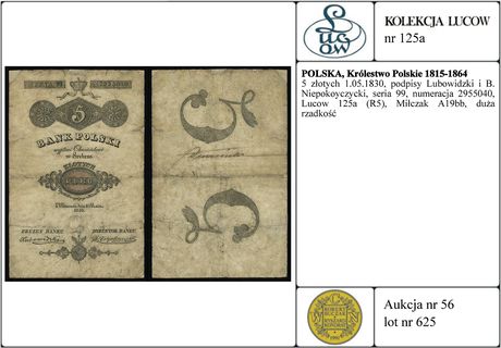 5 złotych 1.05.1830, podpisy Lubowidzki i B. Niepokoyczycki, seria 99, numeracja 2955040, Lucow 125a (R5), Miłczak A19bb, duża rzadkość