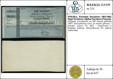 obligacja tymczasowa na 500 złotych polskich 1863, niewypełniony kwit, na stronie głównej 1 pieczęć, Lucow 211 (R3) - ilustrowana w katalogu kolekcji, Moczydłowski S5, pięknie zachowana