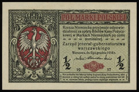 1/2 marki polskiej 9.12.1916, jenerał, seria A, numeracja 6569773, Lucow 251 (R2) - ilustrowane w katalogu kolekcji, Miłczak 1a, Ros. 439.a, wyśmienicie zachowane