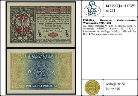 1/2 marki polskiej 9.12.1916, jenerał, seria A, numeracja 6569773, Lucow 251 (R2) - ilustrowane w katalogu kolekcji, Miłczak 1a, Ros. 439.a, wyśmienicie zachowane