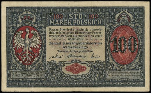 100 marek polskich, 9.12.1916, jenerał, seria A, numeracja 736396, Lucow 264 (R5), Miłczak 6a, Ros. 446.a, rzadkie
