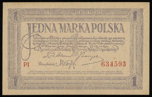 1 marka polska 17.05.1919, seria PI, numeracja 634593, Lucow 324 (R1), Miłczak 19a, pięknie zachowana
