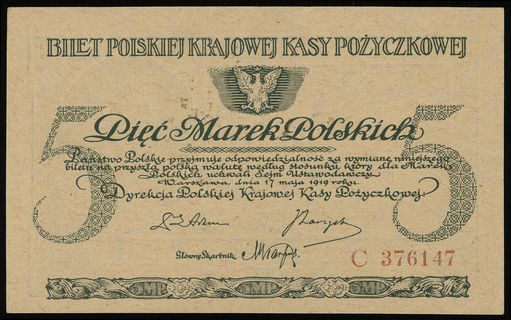 5 marek polskich 17.05.1919, seria C, numeracja 376147, Lucow 328 (R2), Miłczak 20b, bez złamań, ale na stronie odwrotnej pozostałości kleju po 2 podlepkach
