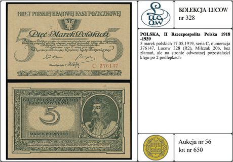 5 marek polskich 17.05.1919, seria C, numeracja 376147, Lucow 328 (R2), Miłczak 20b, bez złamań, ale na stronie odwrotnej pozostałości kleju po 2 podlepkach