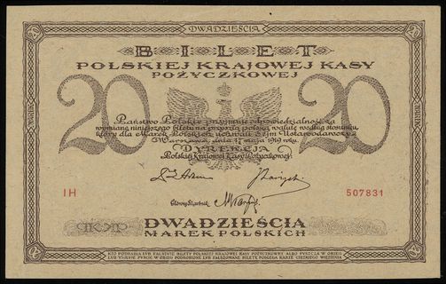 20 marek polskich 17.05.1919, seria IH, numeracja 507831, Lucow 336 (R2), Miłczak 21d, pięknie zachowane