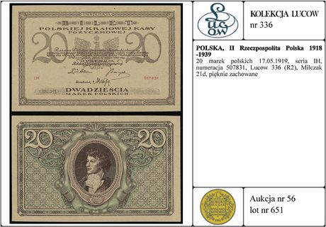 20 marek polskich 17.05.1919, seria IH, numeracja 507831, Lucow 336 (R2), Miłczak 21d, pięknie zachowane