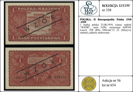 1 marka polska 23.08.1919, czarny nadruk WZÓR”, 