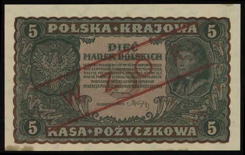 5 marek polskich 23.08.1919, czerwony nadruk WZÓR”, seria II-CX, numeracja 657349, Lucow 364 (R4), Miłczak’12 24 (fałszywy nadruk), plama na dolnym marginesie, ale bardzo ładne