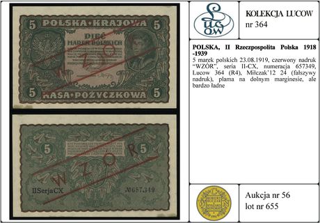 5 marek polskich 23.08.1919, czerwony nadruk WZÓR”, seria II-CX, numeracja 657349, Lucow 364 (R4), Miłczak’12 24 (fałszywy nadruk), plama na dolnym marginesie, ale bardzo ładne
