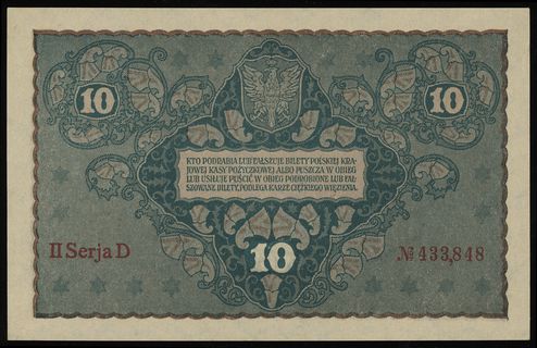 10 marek polskich 23.08.1919, seria II-D, numeracja 433848, Lucow 373 (R1), Miłczak 25a, przegięte w pionie