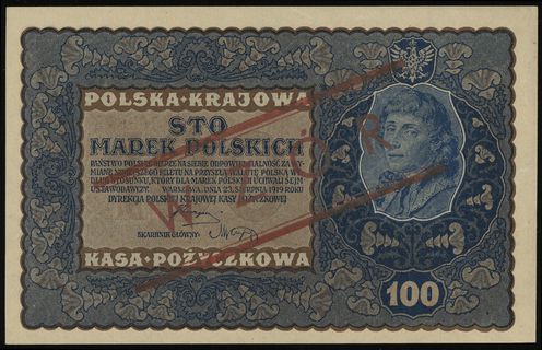 100 marek polskich 23.08.1919, czerwony nadruk W