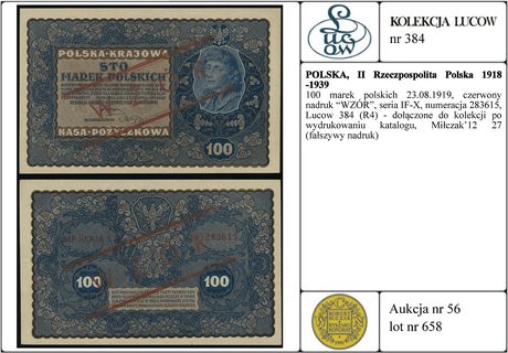 100 marek polskich 23.08.1919, czerwony nadruk W