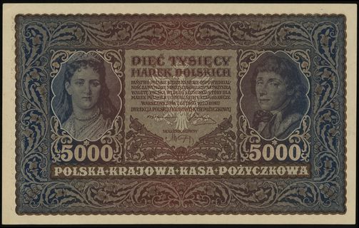 5.000 marek polskich 7.02.1920, seria II-AJ, numeracja 328880, Lucow 417 (R2) - dołączone do kolekcji po wydrukowaniu katalogu, Miłczak 31b, złamany lewy górny róg, kilka ugięć, ale bardzo ładne