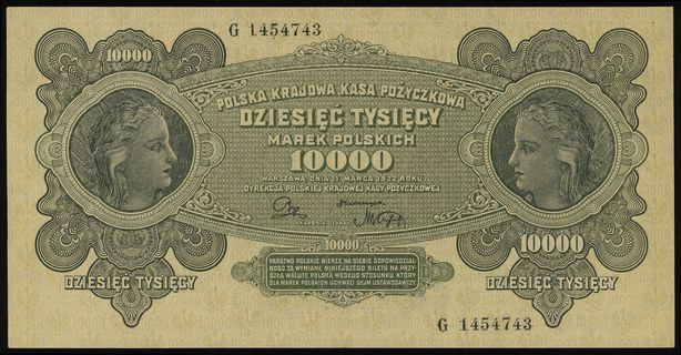 10.000 marek polskich 11.03.1922, seria G, numeracja 1454743, Lucow 422 (R3) - dołączone do kolekcji po wydrukowaniu katalogu, Miłczak 32, bez załamań i ugięć, wyśmienicie zachowane, rzadkie w tak pięknym stanie zachowania