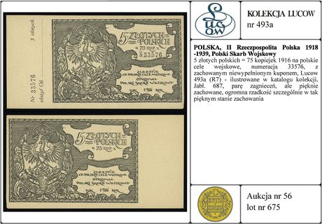 5 złotych polskich = 75 kopiejek 1916 na polskie cele wojskowe, numeracja 33576, z zachowanym niewypełnionym kuponem, Lucow 493a (R7) - ilustrowane w katalogu kolekcji, Jabł. 687, parę zagnieceń, ale pięknie zachowane, ogromna rzadkość szczególnie w tak pięknym stanie zachowania