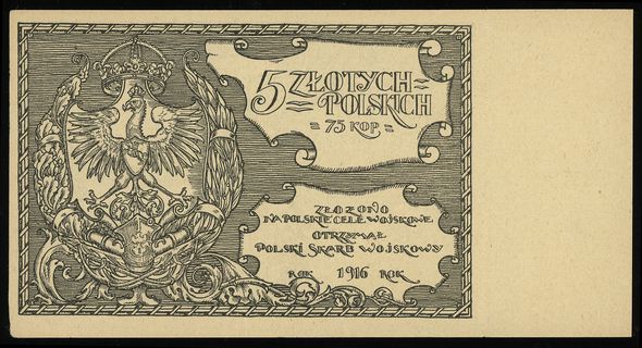 5 złotych polskich = 75 kopiejek 1916 na polskie cele wojskowe, numeracja 33576, z zachowanym niewypełnionym kuponem, Lucow 493a (R7) - ilustrowane w katalogu kolekcji, Jabł. 687, parę zagnieceń, ale pięknie zachowane, ogromna rzadkość szczególnie w tak pięknym stanie zachowania