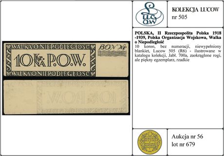 10 koron, bez numeracji, niewypełniony blankiet, Lucow 505 (R6) - ilustrowane w katalogu kolekcji, Jabł. 700a, zaokrąglone rogi, ale piękny egzemplarz, rzadkie