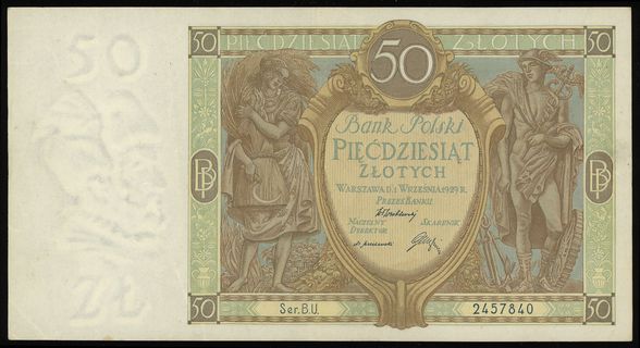 50 złotych 1.09.1929, seria BU, numeracja 2457840, Lucow 654 (R3), Miłczak 70a, dwukrotnie złamane w pionie oraz w lewym dolnym rogu