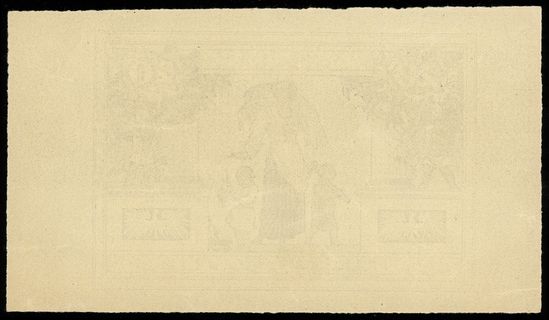 próbny druk strony odwrotnej 20 złotych 20.06.1931, niepełny druk stalorytniczy strony odwrotnej - tylko brązowy i żółty kolor, wraz z odwróconym poddrukiem jak na stronie głównej, papier kremowy bez znaku wodnego, Lucow 662 (R8) - ilustrowany w katalogu kolekcji, Miłczak - patrz 72, bez złamań, ale parę ugięć i zmarszczeń