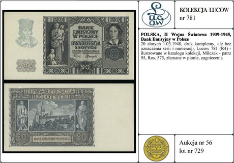 20 złotych 1.03.1940, druk kompletny, ale bez oz
