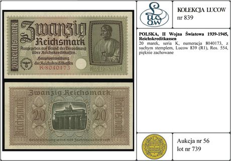 20 marek, seria K, numeracja 8040173, z suchym stemplem, Lucow 839 (R1), Ros. 554, pięknie zachowane