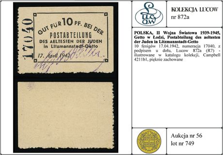 10 fenigów 17.04.1942, numeracja 17040, z podpisem u dołu, Lucow 872a (R7) - ilustrowane w katalogu kolekcji, Campbell 4211b1, pięknie zachowane