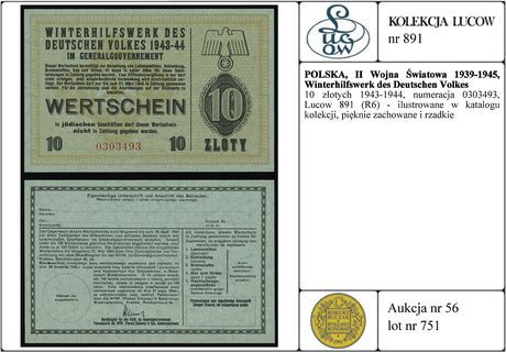 10 złotych 1943-1944, numeracja 0303493, Lucow 891 (R6) - ilustrowane w katalogu kolekcji, pięknie zachowane i rzadkie