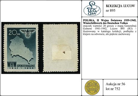 znaczek wartości 20 groszy z mapą Generalnej Guberni 1941-1942, Lucow 895 (R3) - ilustrowany w katalogu kolekcji, podlepka z klejem na odwrocie, ale pięknie zachowany