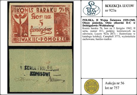 Komis baraku 7b, bon na 5 fenigów 1942, II seria, numer 011, podpisy komisowych na odwrocie, Lucow 923a (R7) - ilustrowany w katalogu kolekcji, Campbell 3773, wyśmienicie zachowane, bardzo rzadkie