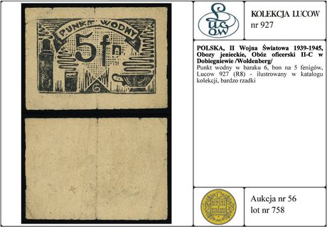 Punkt wodny w baraku 6, bon na 5 fenigów, Lucow 927 (R8) - ilustrowany w katalogu kolekcji, bardzo rzadki