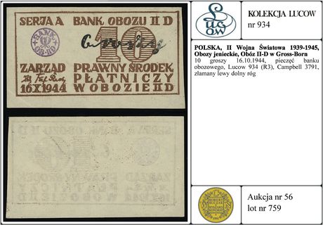 10 groszy 16.10.1944, pieczęć banku obozowego, Lucow 934 (R3), Campbell 3791, złamany lewy dolny róg